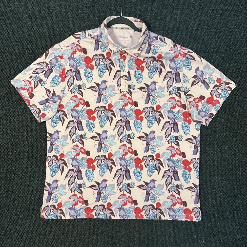 Walter Hagen Performance Golf Polo Men XXL Pink Bird Floral Short Sleeve Stretch